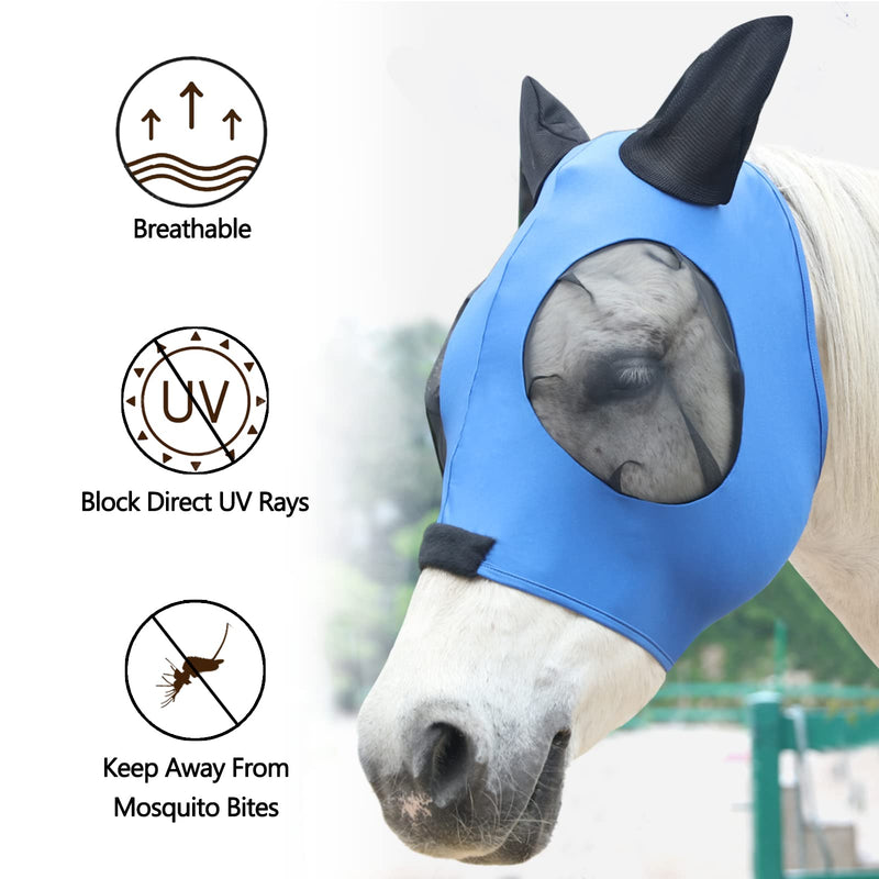 Horse Fly Mask, Fly Masks for Horses with Ears, Super Comfort & Stretchy Fitting Lycra Equine Fly Mask Blue Full Blue(B) - BeesActive Australia