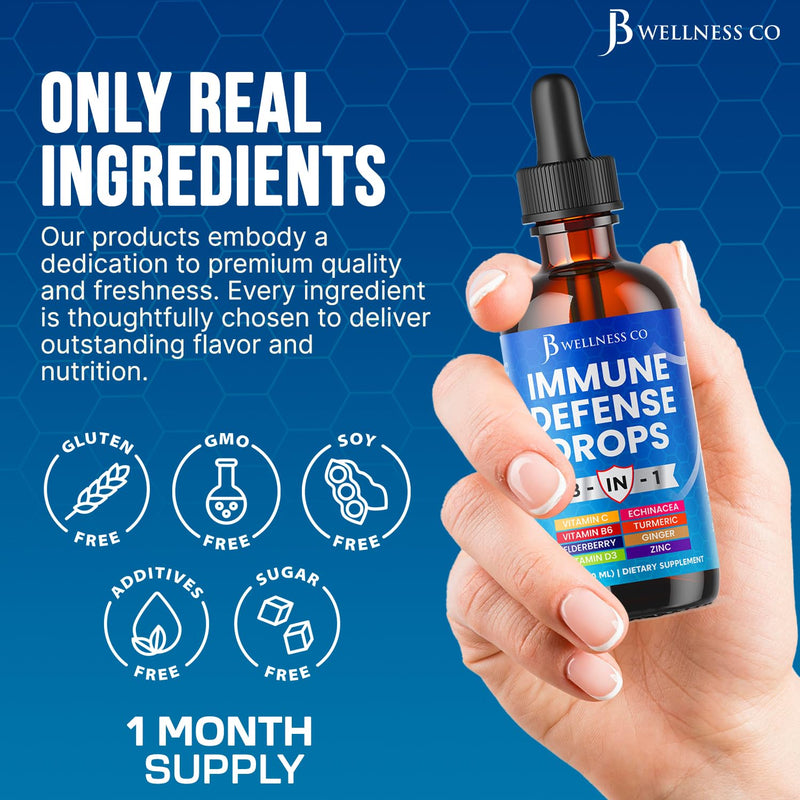8-in-1 Immune Defense Liquid Drops – Elderberry, Echinacea, Turmeric Curcumin, Ginger, Vitamins C & D3, Zinc & B6 – Fast-Absorbing Immune Support & Antioxidant Support – Vegan, Non-GMO – 2 oz 2 Fl Oz (Pack of 1)