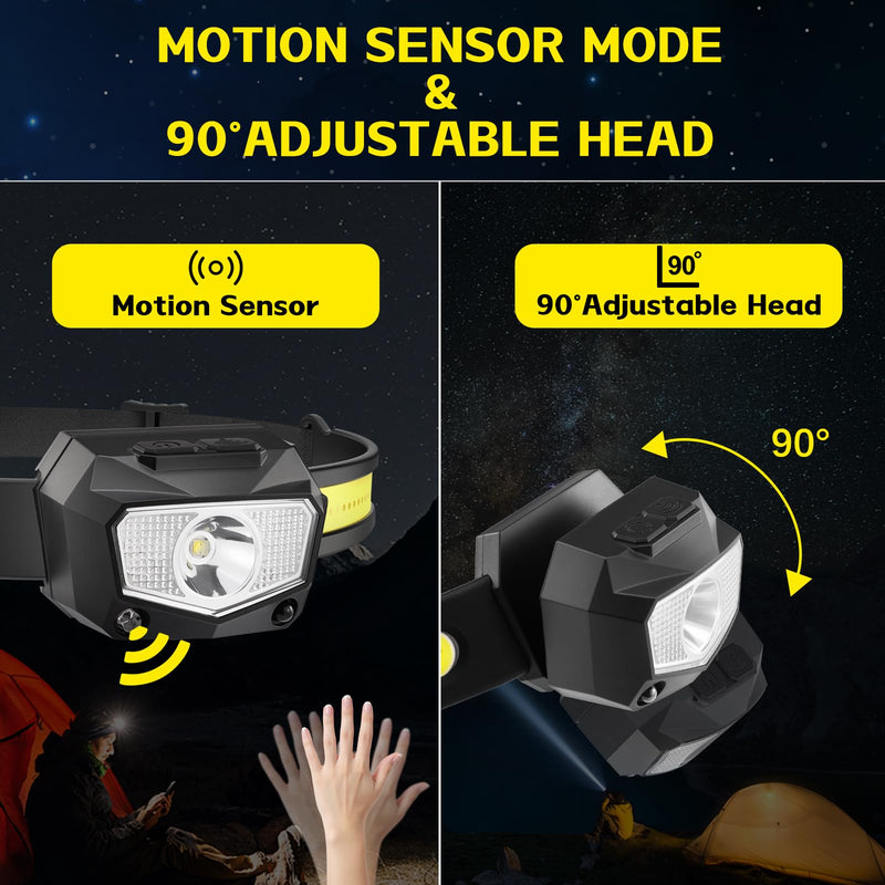 Headlamp Rechargeable 3Pack, 230°Wide Beam COB & 60° Super Birght LED Head Lamp with White Red Light, 7Mode Head Lights for Forehead with Motion Sensor, Headlamps for Adults Camping Running Hiking 3 Pack