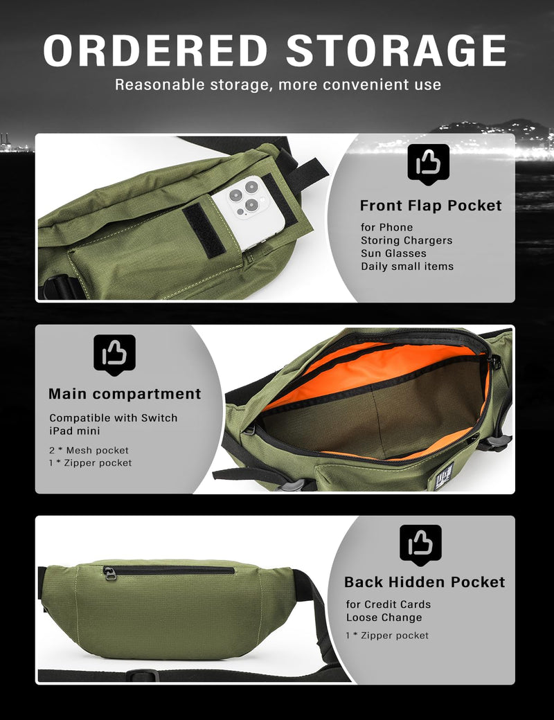 JEMINAL Sling Bag: Diamond-Grid Pattern 4L Light Spacious Crossbody Shoulder Everyday Carry Bag with Quick-adjust Strap - Double Layered Fabric Funny Pack for Men, Women, Travel, Sport (Green) Green