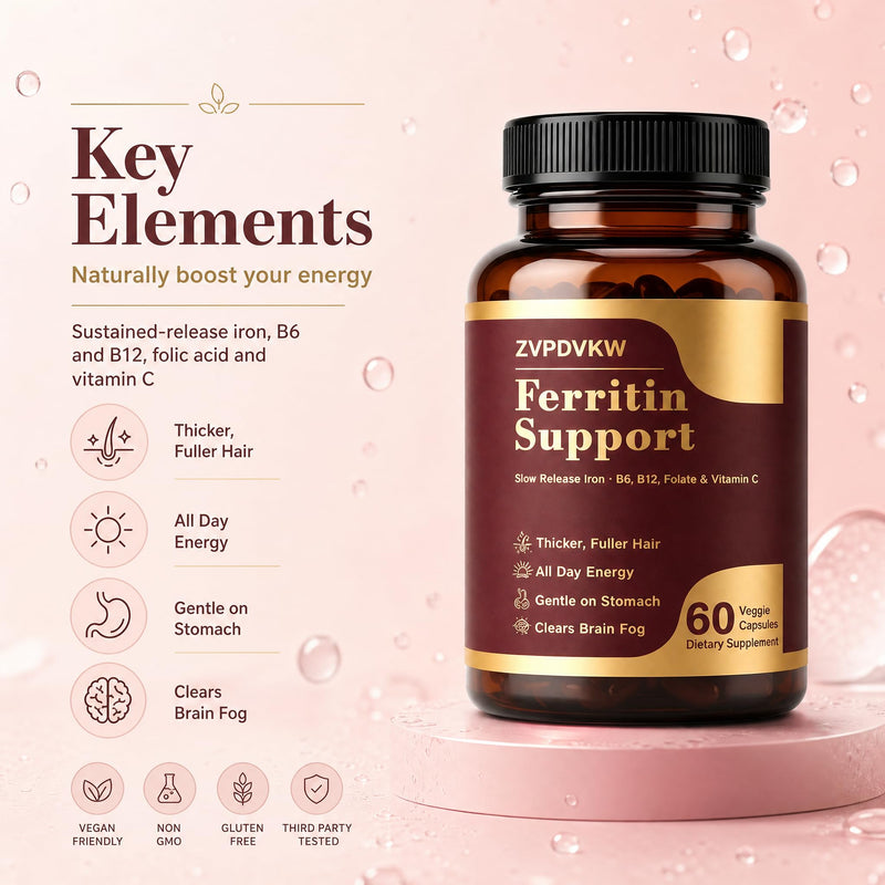 Ferritin Supplement for Women, Iron Supplement, Vitamin C, B12, 60 CT | Supports Energy & Fatigue Relief, Gentle Non-Constipating Formula, For Daily Women's Wellness Red