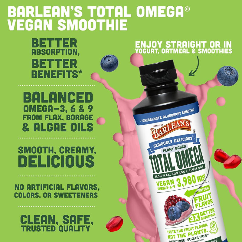 Barlean's Pomegranate Borage & Algae Oil, Omega 3-6-9 Flaxseed, Vegan, 16oz | Plant-based flax, borage & algae, EPA DHA omega 3-6-9, Non-GMO, Gluten-free, Vegan, For kids & adults, Heart & brain Pomegranate Blueberry Smoothie 1 Pound (Pack of 1)