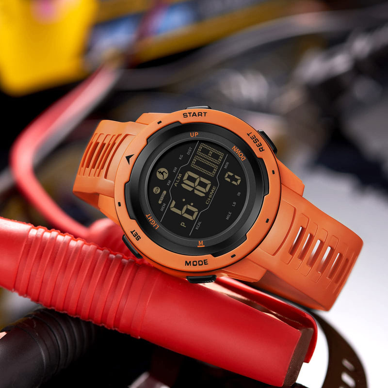 Step Counter Fitness Tracker Watches for Men, Men's Digital Sports Yellow Watch IP68 Waterproof with Pedometer Calorie Dual Time Countdown Stopwatch, Tactical Military Outdoor Survival Hiking Orange - BeesActive Australia