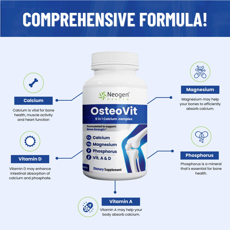 OsteoVit 5-in-1 Calcium 120 tabs Multivitamin: Bone Strength & Flexibility | Calcium, Magnesium, Phosphorus, Vitamin D3 & A - Non-GMO Gluten Free | Calcium Supplement for Women & Men with Vitamin D