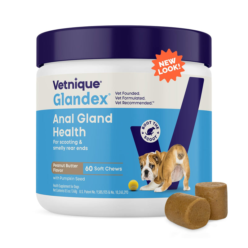 Vetnique Glandex for Dogs Prebiotic & Probiotic Supplement Chews 60 Count Bacon Flavor Plus Glandex Anal Gland Support Chews 60 Count Peanut Butter Flavor, 5-Strain Probiotics for Dogs Bundle