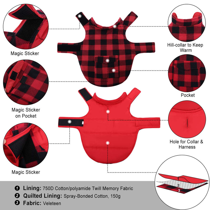 ASENKU Dog Winter Coat, Dog Fleece Jacket Plaid Reversible Dog Vest Waterproof Windproof Cold Weather Dog Clothes Pet Apparel for Small Medium Large Dogs Red XL X-Large - BeesActive Australia