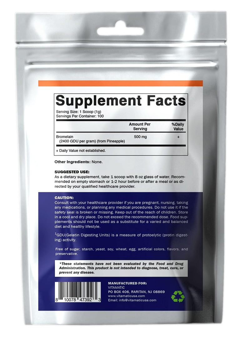 Vitamatic Bromelain Powder 1000mg per Serving - 2400 GDU/g, Proteolytic Enzymes, Supports Digestion of Proteins, 100 Grams - 100 Servings (Scoop Included) - BeesActive Australia