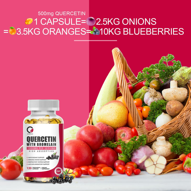 Quercetin with Bromelain 1000mg 120 Capsules with Vitamin C & D3, Zinc, Immune Support Supplement, Quercetin Supplements with Bromelain, Supports Respiratory System, Veg, Non-GMO & Gluten Free - BeesActive Australia
