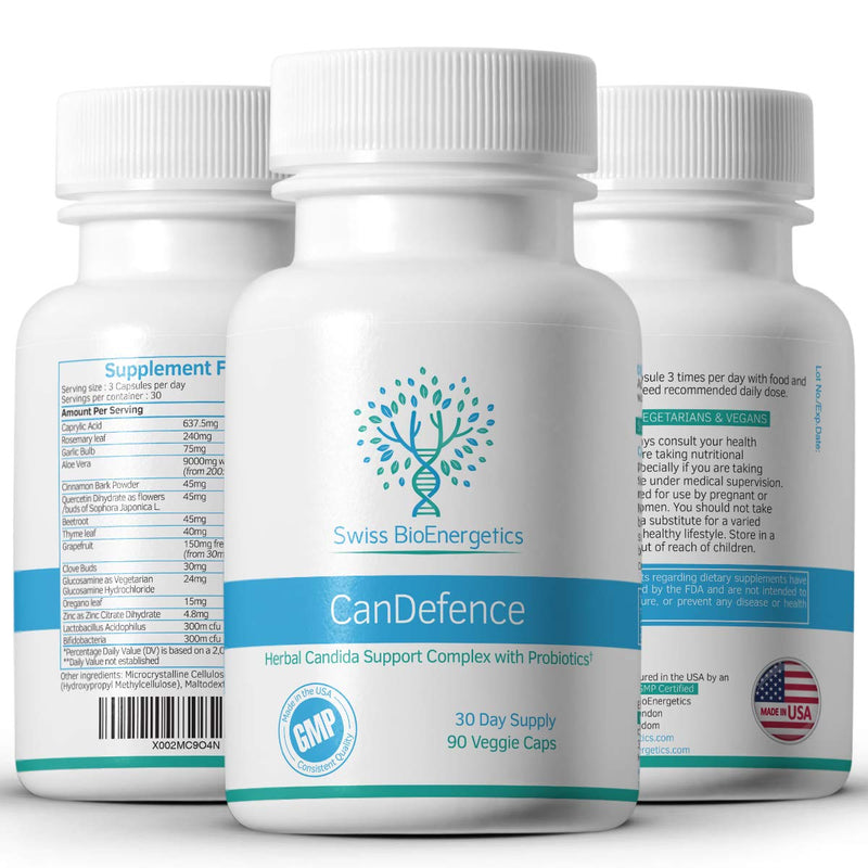 Swiss BioEnergetics CanDefence — Herbal & Probiotic Digestive Support Supplement with Caprylic Acid, Oregano, Garlic, Aloe Vera, Probiotics & Zinc — 90 Vegetarian Capsules, 30 Day Supply