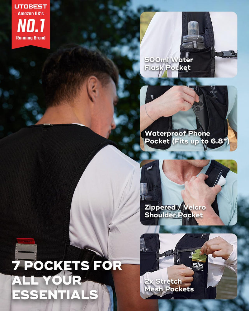 Running Vest for Women Men, Reflective Hydration Vest, Adjustable 5L Phone Holder with Bonus Gift LED Safety Light Black Medium