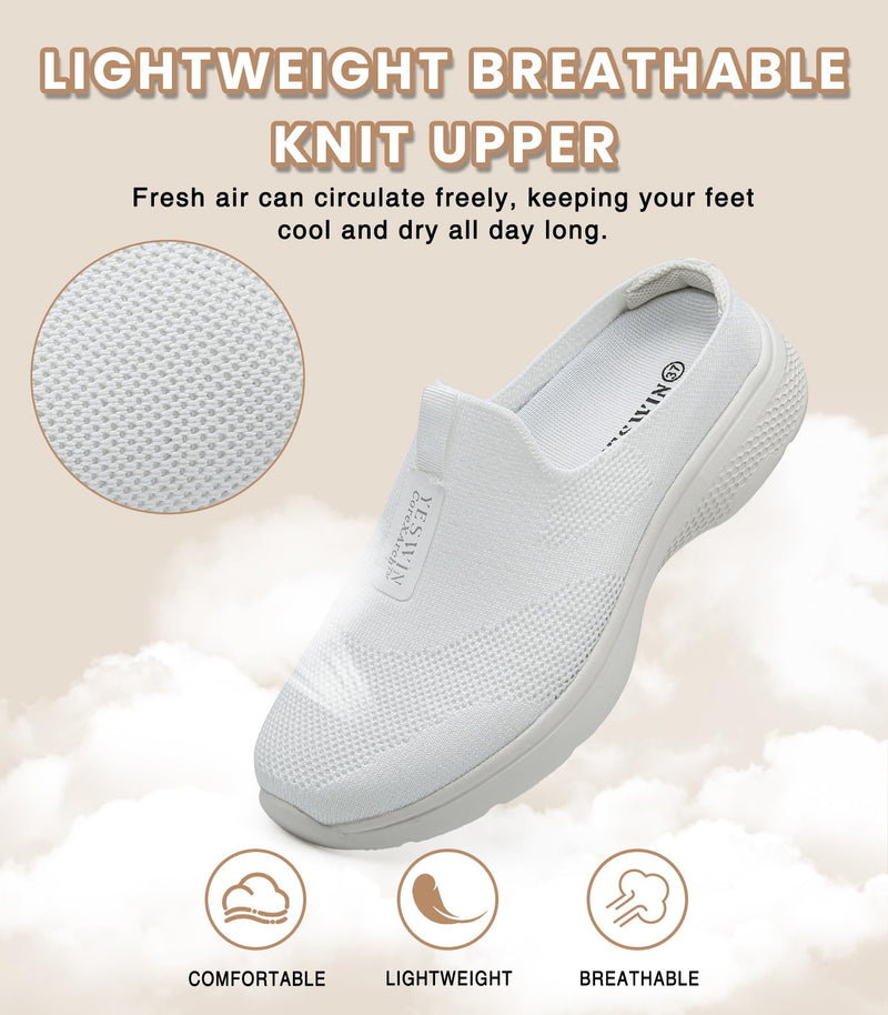 Women's Orthopedic Slip-On Mules Sneakers for Plantar Fasciitis Easy Off Recovery Backless Knit Comfortable Lightweight with Arch Support Walking Shoes for Travel, House & Office 8.5 White