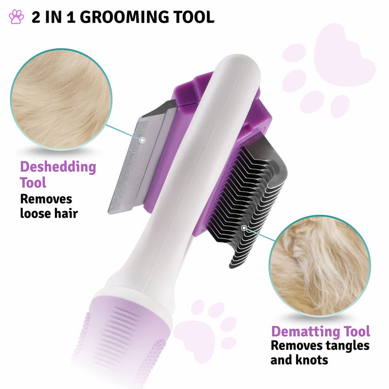 2 in 1 Pet Grooming Tool - Double Sided Deshedding Brush and Dematting Comb - Undercoat Rake for Dogs & Cats Removes Matted Fur, Tangles and Knots Safe & Gentle - BeesActive Australia