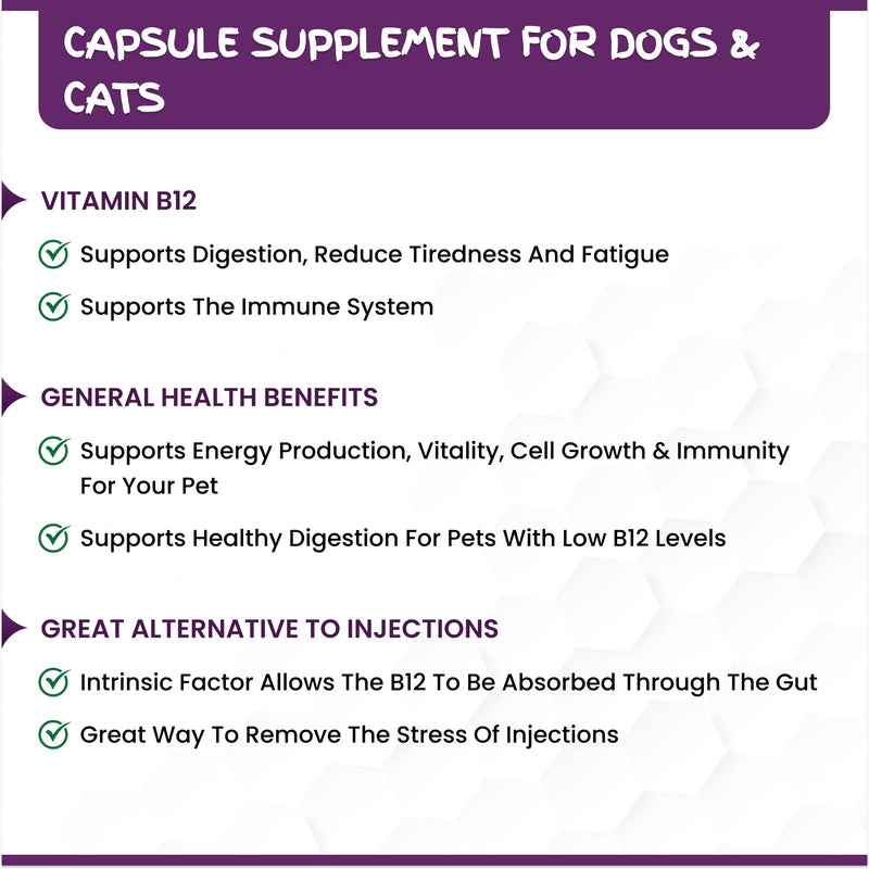 Vitamin B12 with Intrinsic Factor & Folic Acid by Chemeyes - Capsule Supplement for Dogs & Cats - Great Alternative to Vitamin B12 Injections - 1 Capsule Per 25kg Body Weight Per Day (100 Capsules) 100 Capsules