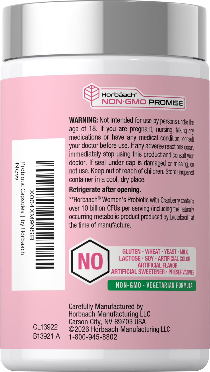 Horbäach Women's Probiotic with Cranberry Supplement | 10 Billion CFU | 14 Probiotic Strains | 90 Capsules | Non GMO, Gluten Free