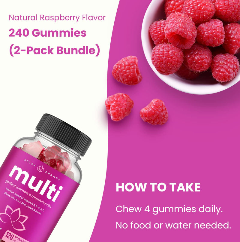 NutraChamps Multivitamin for Women, 240 Count, Vitamins A, B, C, D, E, Biotin, Folic Acid, Womens Gummy Multivitamins, Chewable Daily (Pack of 2) 120 Count (Pack of 2)