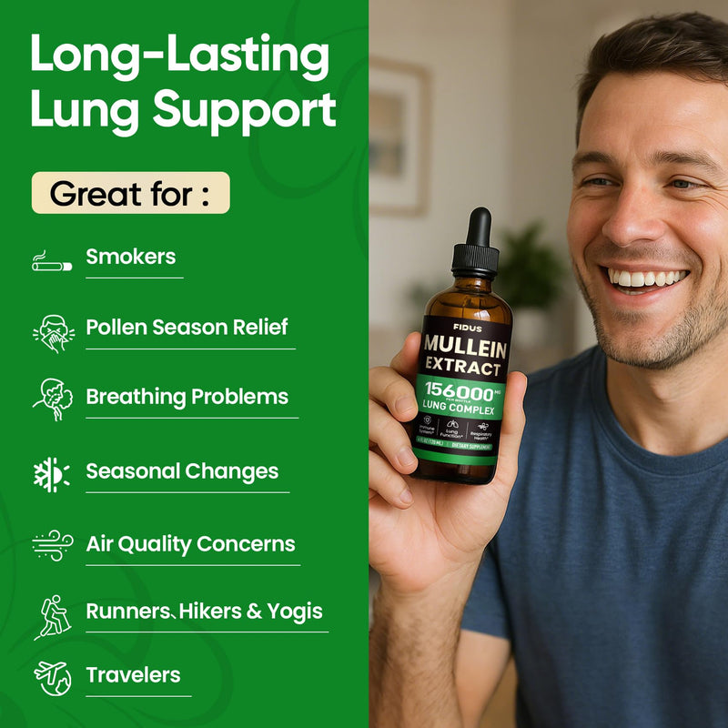 Fidus Mullein Drops for Lungs & Lymphatic Drainage ‚Äì 7 Herb with Echinacea, Oregano, Ginger, Elderberry, Marshmallow Root & Thyme‚Äì Lung Detox for Smokers‚Äì Respiratory & Immune Support, 4 fl oz 4 Fl Oz (Pack of 1)