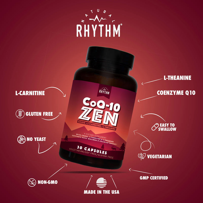 Natural Rhythm CoQ10-ZEN | Coenzyme Q10 (100 mg) + L-Carnitine (125 mg) + L-Theanine (150 mg) | Dietary Supplement Capsules | Cellular Energy & Daily Wellness Support | 30 Count