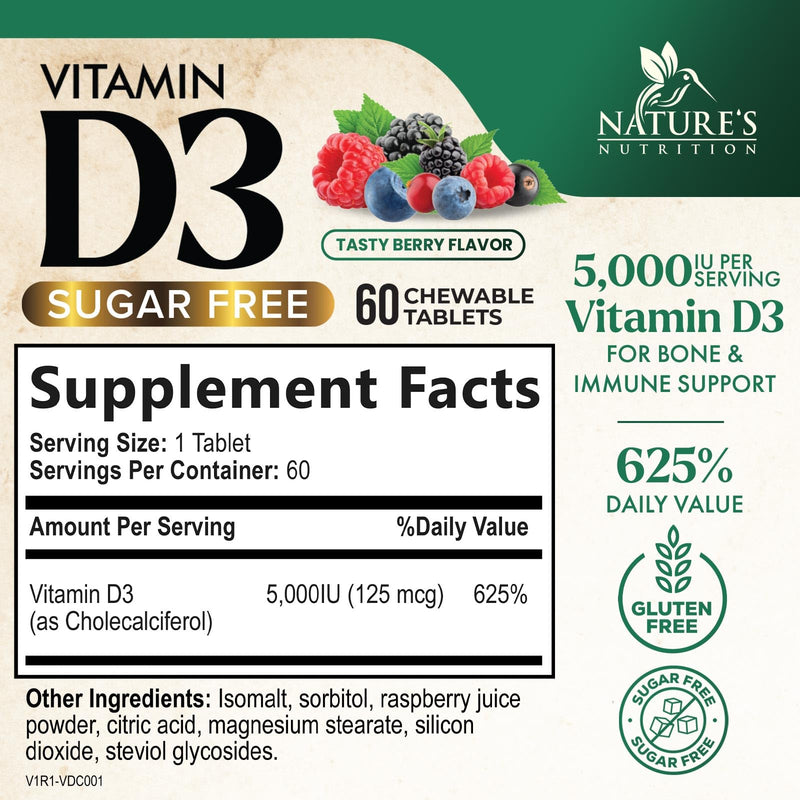 Vitamin D3 5000 IU (125 mcg) Per Serving - Extra Strength Vitamin D Chewable for Immune Support Health - Bone, Teeth and Muscle Supplements - Sugar Free, Gluten Free, USA Bottled - 60 Count Tablets 60 Count (Pack of 1)