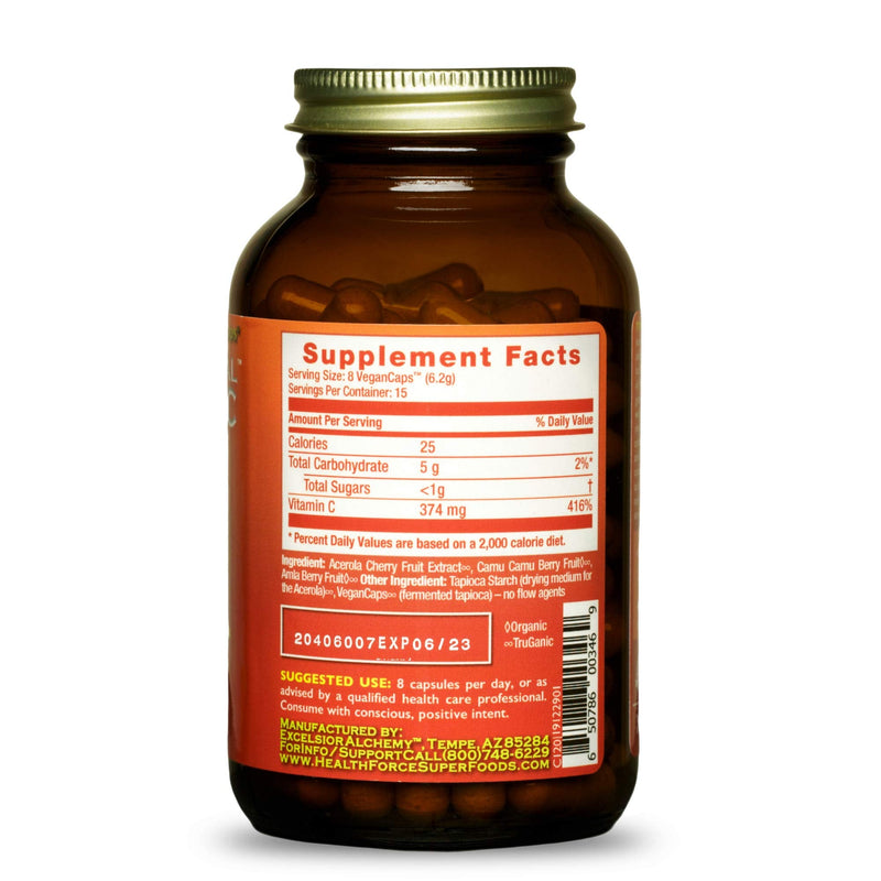 HEALTHFORCE SUPERFOODS Truly Natural Vitamin C - Immune Support Supplement with Camu Camu Berry - Vitamin C Supplement for Immune Health - Vegan, Non-GMO - 120 Vegan Caps, 15 Servings