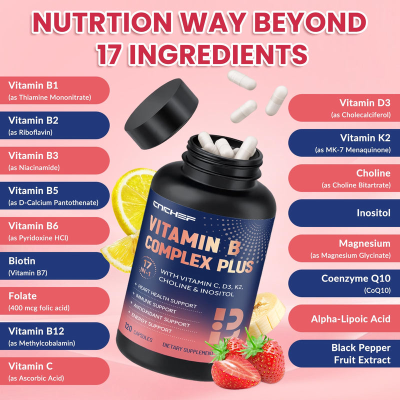 17-in-1 Vitamin B Complex Plus for Men & Women,Nerve Support - 120 Capsules