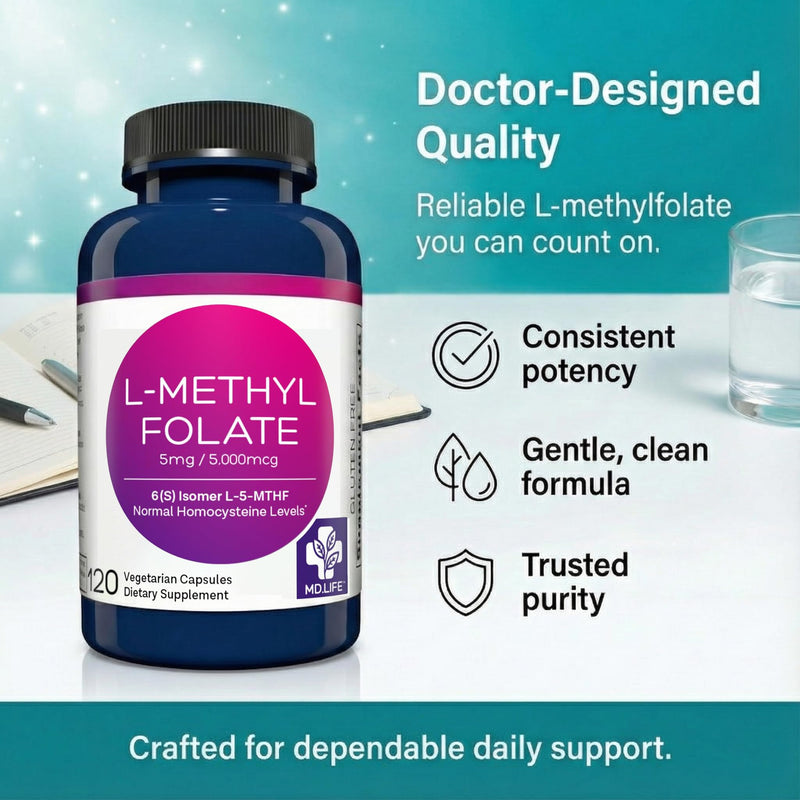 MD. Life L-Methylfolate 5 mg, Professional Grade, 120 Capsules, 5-MTHF | Active L-Methylfolate Supplement with Essential Amino Acids - Maximum Potency MTHFR Support - Doctor Designed, Made in USA 5mg (Pack of 120)