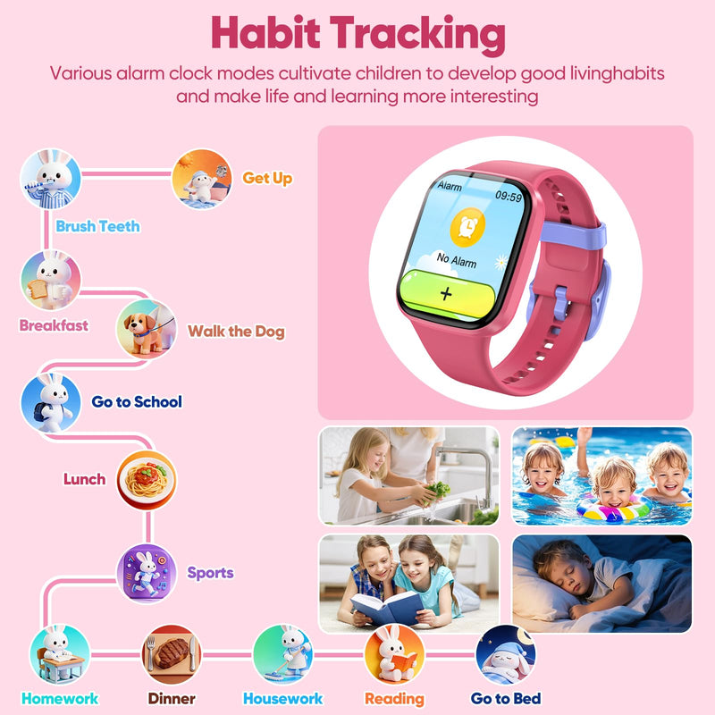 Smart Watch for Kids No APP/Phone Needed, HD Touch Screen Fitness Tracker with Heart Rate, Sleep Monitor, IP68 Waterproof Smartwatches with Pedometer, Alarm Clock, Gifts for Kids Ages 4-12 (Pink) Pink