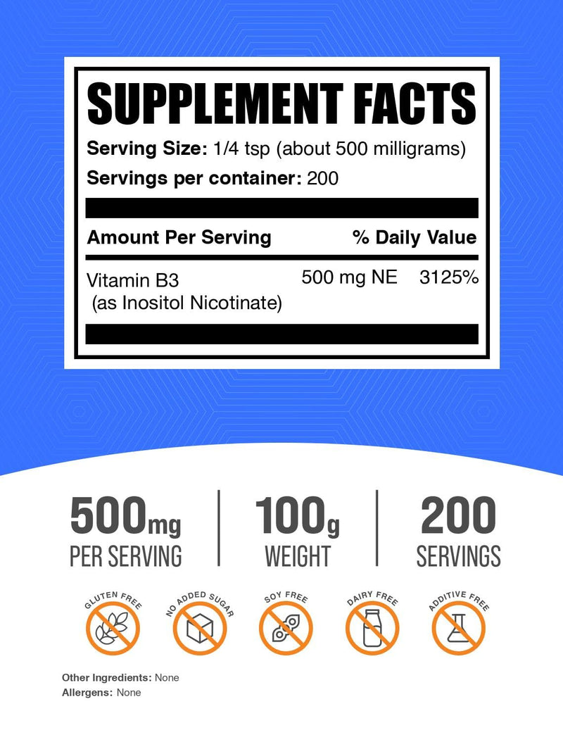 BulkSupplements.com Flush Free Niacin Powder - as Inositol Hexanicotinate, Vitamin B3 Supplement, Niacin 500mg Flush Free - Gluten Free, 500mg of per Serving, 100g (3.5 oz) (Pack of 1) 3.5 Ounce (Pack of 1)