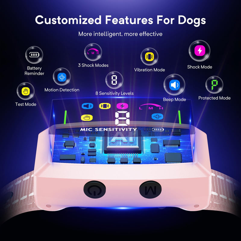 2024 AI Dog Bark Collar Sets for Large Small Medium Dogs Waterproof | 2in1 No Shock/Safe Shock Barking Collar with 3 Adjustable Shock Mode |IP68 Waterproof Rechargeable Anti Bark Devic Pink - BeesActive Australia