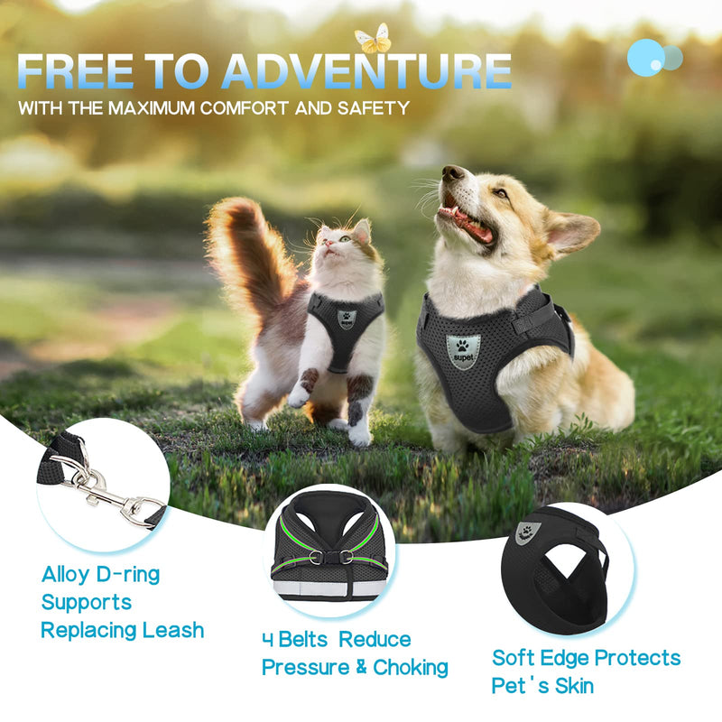 Supet Cat Harness and Leash Set for Walking and Small Dog Soft Mesh Harness Adjustable Vest with Reflective Strap Comfort Fit for Pet Kitten Puppy Rabbit M (Chest: 12.5" - 15.5") Black - BeesActive Australia