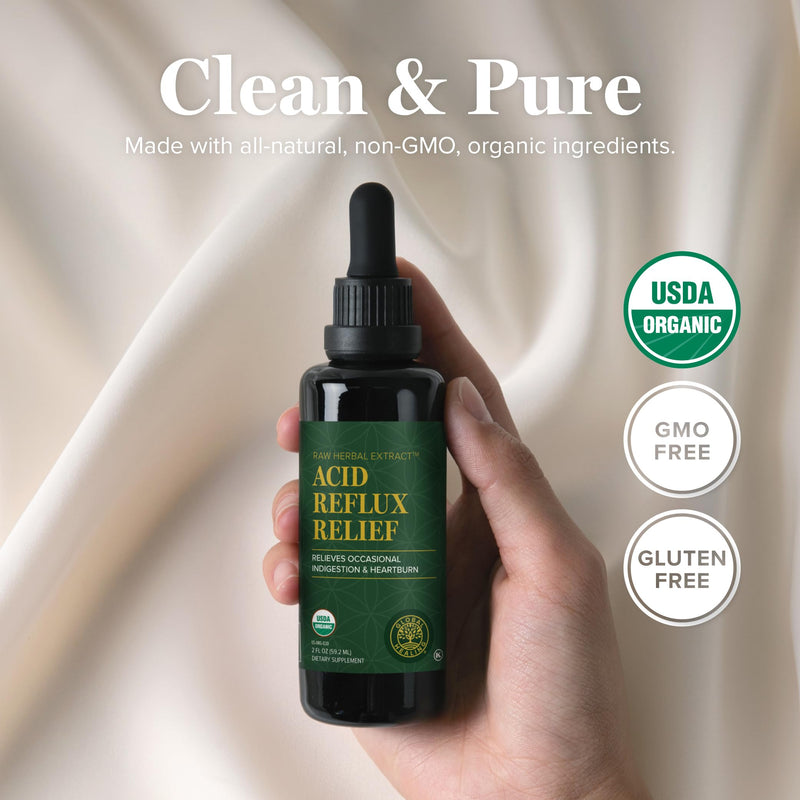Global Healing Acid Reflux Relief Organic Liquid Supplement W/Slippery Elm - Helps Upset Stomach, Heartburn, Indigestion - Supports Body's Defense Against Digestive Issues - 2 Fl oz - BeesActive Australia