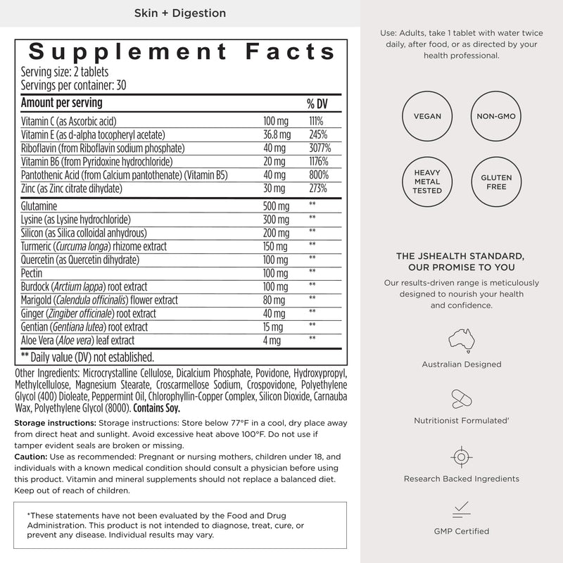 JSHealth Vitamins Skin and Digestion Formula Skin Vitamins, 120 Tablets | Clear Skin Supplement with Zinc for Acne, Acne Supplements for Clear Healthy Skin, Acne Treatment for Teens and Adults 60 Count (Pack of 2)