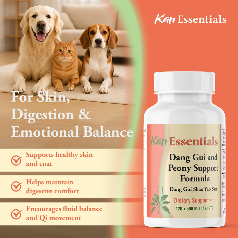 Kan Herb Essentials Dang Gui and Peony Support – Traditional Chinese Herbal Blend for Dogs and Cats to Support Skin Health, Digestion, Mood, and Fluid Balance, Herbal Supplement for Pets, 120 Tablets