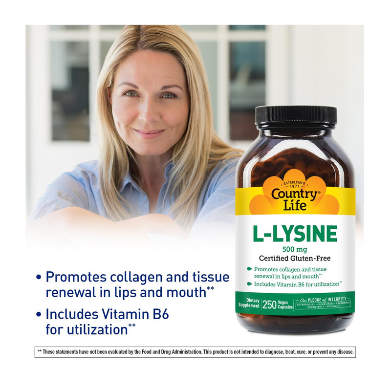 Country Life L-Lysine 500mg with B-6, Supports Immune Health, Promotes Collagen Renewal in Lips and Mouth, 250 Vegan Capsules, Certified Gluten Free, Certified Vegan 250 Count (Pack of 1)