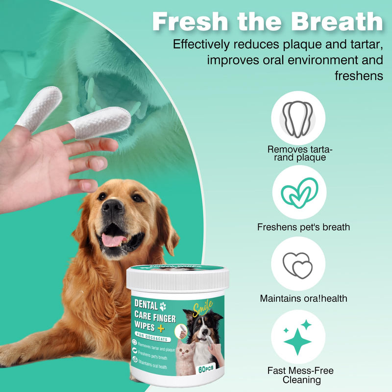 Dog Teeth Cleaning Wipes, Pre-Soaked Pet Tooth Finger Wipes 60pcs, Soothing Cleaning Pet Teeth, Reducing Tartar and Plaque, Freshening Breath, Maintaining Your Dog's Oral Health 60 PCS - BeesActive Australia