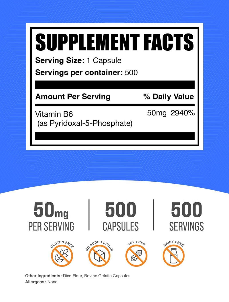 BulkSupplements.com Pyridoxal 5 Phosphate Capsules - P5P Supplement, Vitamin B6 Supplement - Essential & Gluten Free, 1 Capsule per Serving, 50mg Serving, 500 Count (Pack of 1)