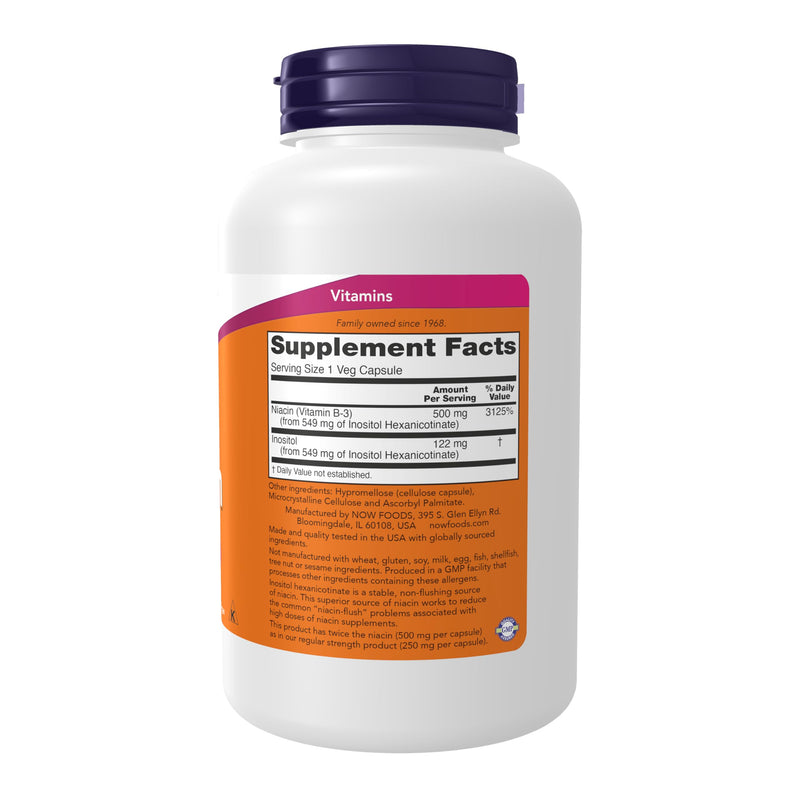 NOW Foods Supplements,Niacin (Vitamin B-3) 500 mg,Flush-Free,Double Strength,Nutritional Health,180 Veg Capsules,(Pack of 2) 180 Count (Pack of 2)