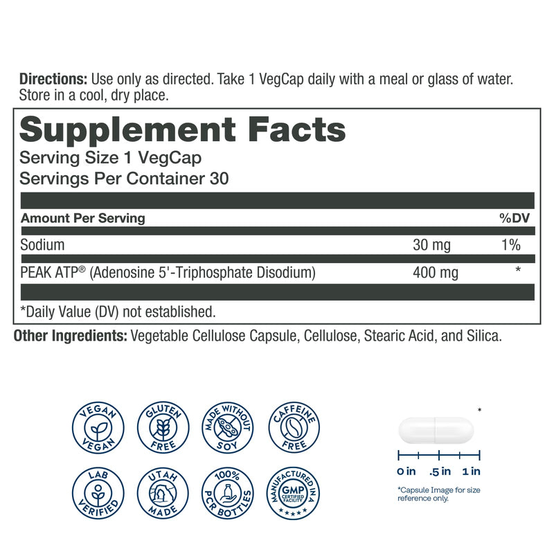 SOLARAY Peak ATP 400 mg - Physical Performance and Exercise Energy Supplements - Stim Free Pre Workout Pills - No Caffeine or Gluten - Lab Verified - 30 Servings, 30 VegCaps