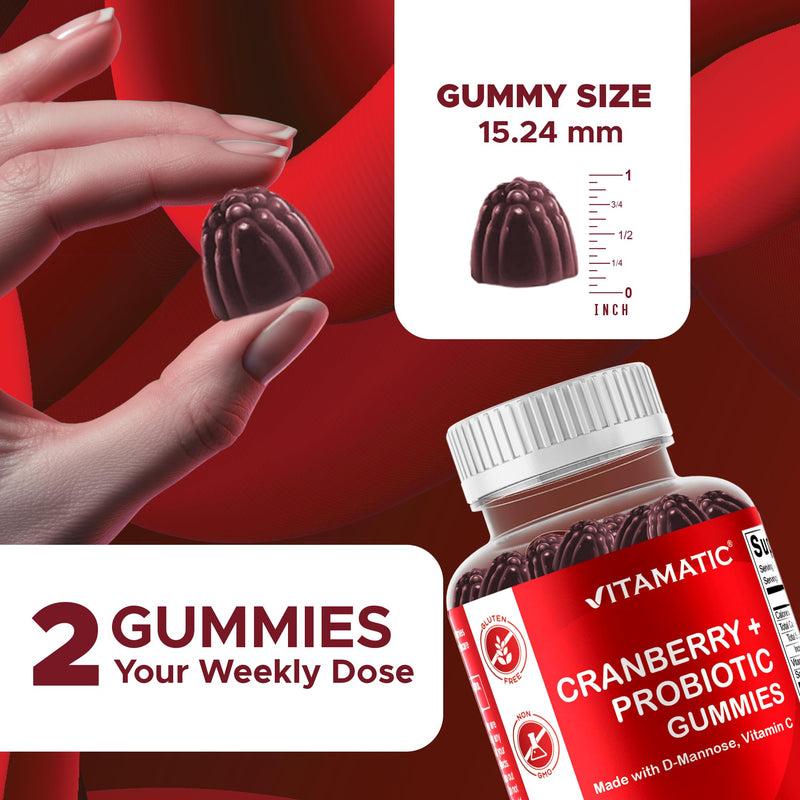 Vitamatic Cranberry + Probiotic Gummies with D-Mannose, 60 Gummies | 50:1 Extract, Supports Urinary Tract Health and Antioxidant*, Natural Cranberry Flavor, Non-GMO, Gluten Free 60 Count (Pack of 1)