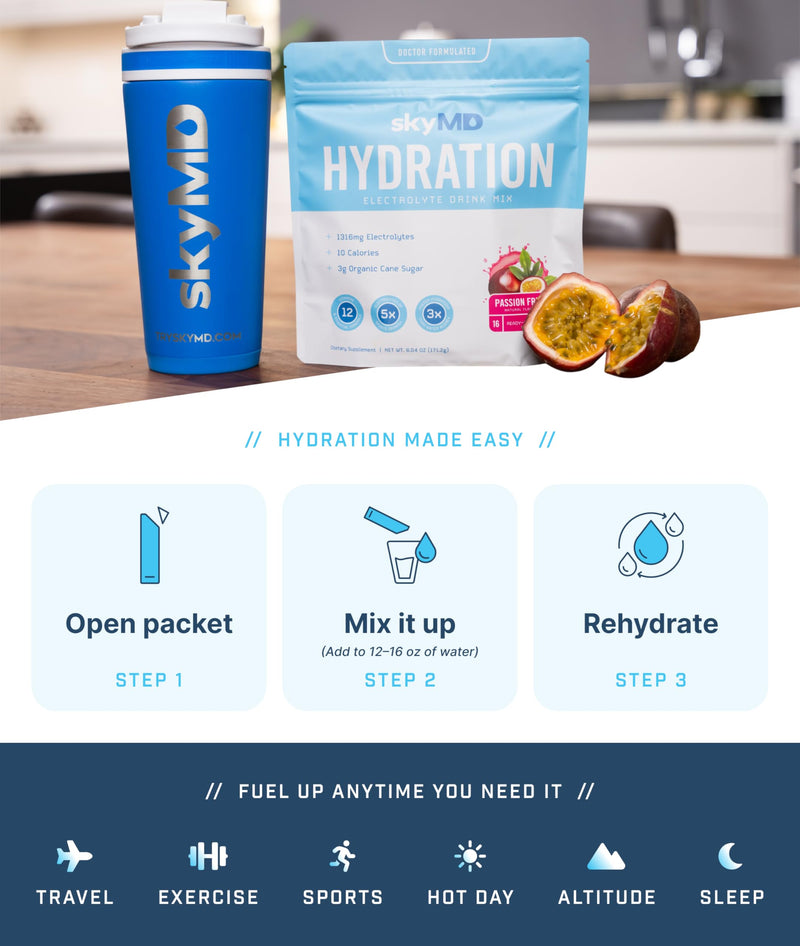 SkyMD Daily Hydration | Electrolytes Powder Packets | Low Sugar, 10 Calories | 12 Vitamins & Minerals, Sodium | Drink Mix for Energy and Recovery | Passion Fruit | 32 Sticks 32 Count