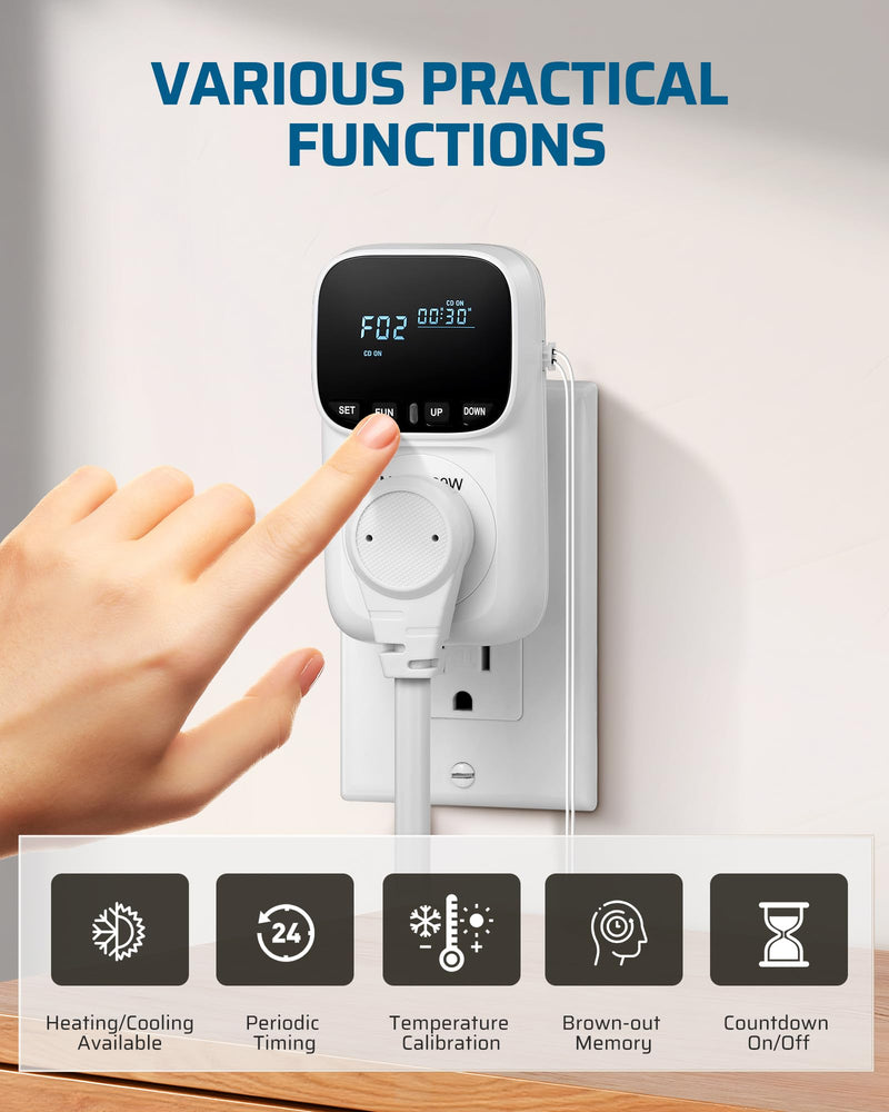 DEWENWILS Digital Temperature Controller, Heavy Duty 15A/1800W Thermostat Outlet Plug, VA Display Heating Cooling Control Timer, -40℉~210℉, Cyclic Timing/Countdown, for Greenhouse Incubator Homebrew White 1 Pack - BeesActive Australia