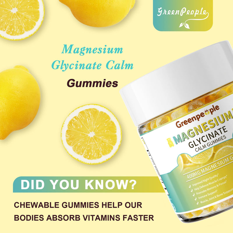 GREENPEOPLE Magnesium Glycinate Gummies 400mg - Lemon, 60ct 2 Pack | Chelated Sugar Free,High Absorption Supplement with Magnesium Citrate,Vitamin D & B6 Calm,Sleep & Stress Support for Adults 60 Count (Pack of 2)