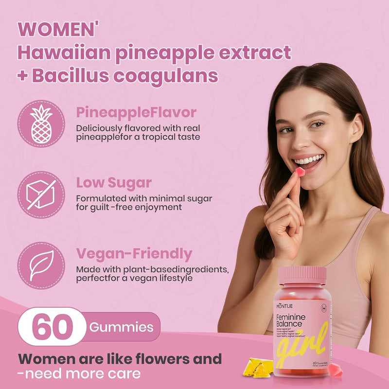 Premium Feminine Balance Gummies, for Women’s Wellness & pH Balance, Immune Support,Vegan, Hawaiian Pineapple, Non-GMO (30 Gummies) NEW-30 Gummies