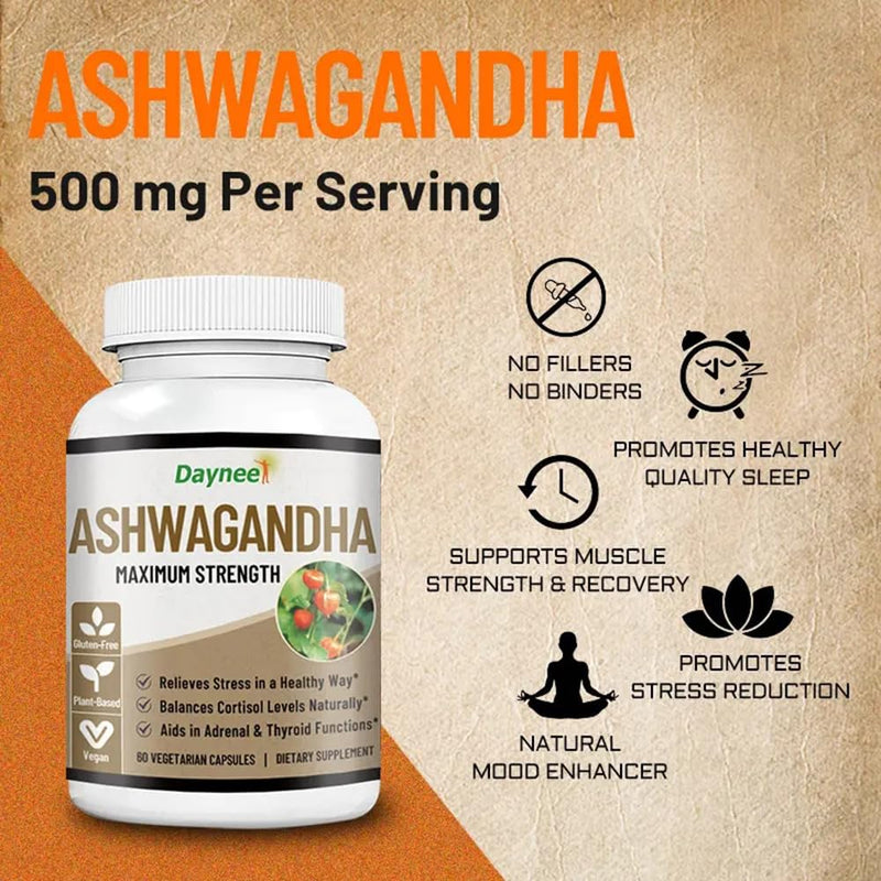 AIHIYO Ashwagandha Capsule, 60 Count | Herbal Supplement, MACA Root, Vitamin D2, Vitamin C