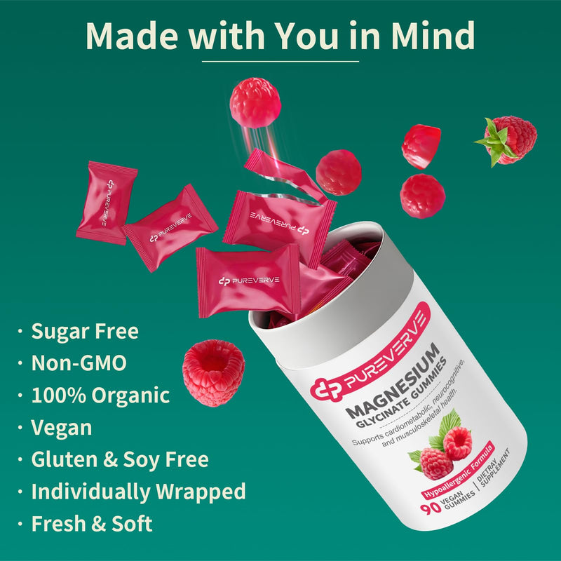 Magnesium Glycinate Gummies 300mg with Calcium, Vitamin D3 & B6 – 90 Count | Sugar-Free, Vegan, Non-GMO – Supports Relaxation, Bone Health & Muscle Function, Individually Wrapped, Low-Allergy Formula