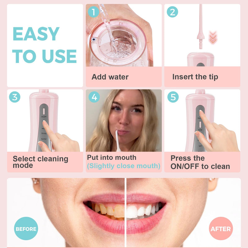 2026 Upgrade Portable Cordless Water Flosser, 350ML Tank & Travel Storage Bag, 5 Modes IPX7 Waterproof for Home & Travel, USB Rechargeable Electric Dental Flosser for Teeth Cleaning (Pink) Pink - BeesActive Australia