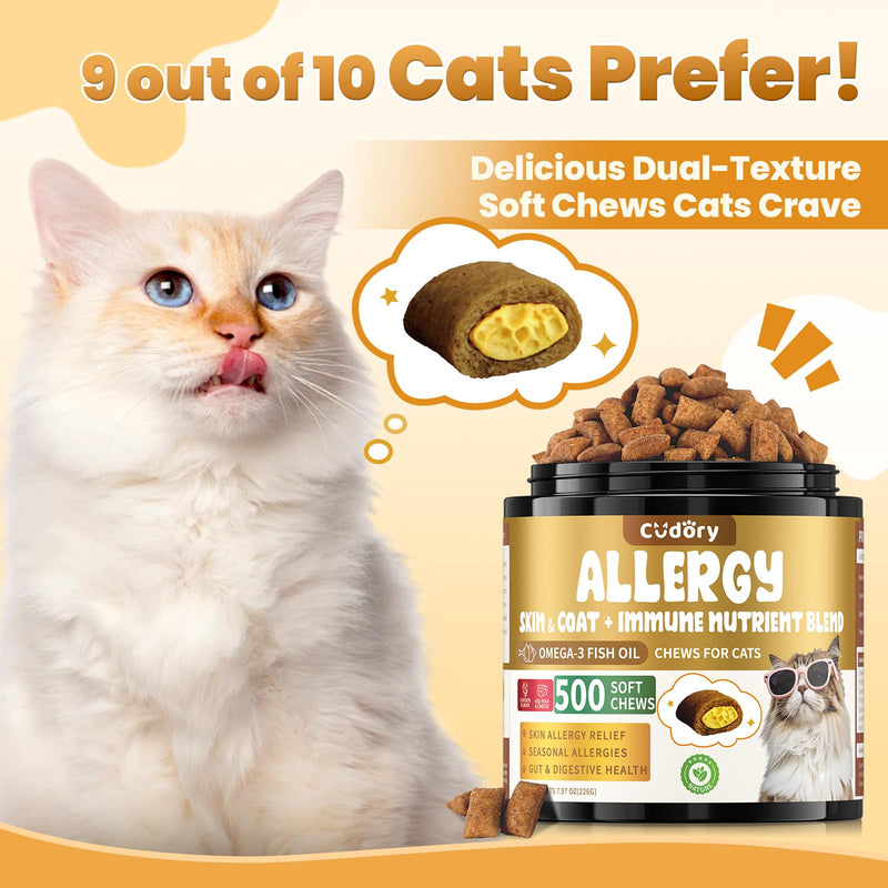 Cudory Chews for Cats Bundle-Allergy Relief for Cats+Cat Probiotics Tasty Chews for Digestive & Gut Support-Omega 3 & Probiotic Natural Cat Supplements-Chicken