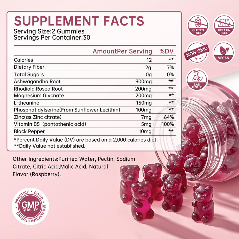 Cortisol Supplement for Women,cortisol manager Gummies,with rhodiola rosea,l-theanine,Phosphatidylserine,magnesium ashwagandha - Emotional support, adrenal balance, sleep, raspberry flavor, 60 Count 60 Count (Pack of 1)