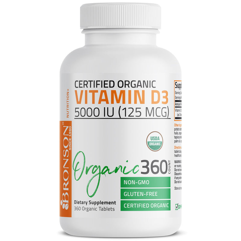 Bronson Vitamin D3 5,000 IU (125 mcg), USDA Certified Organic, 360 Tablets | Bone, Muscle, Immune & Nervous System Support, Non-GMO, Gluten-Free, Soy-Free, Wheat-Free & Nut-Free 360 Count (Pack of 1)