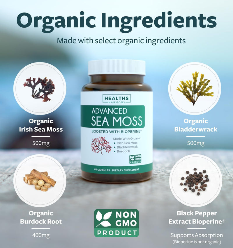Organic Irish Sea Moss Capsules - Organic Sea Moss Capsules with Bladderwrack Burdock Root and Black Pepper Extract for Enhanced Absorption - Vegan Non-GMO & Made in the USA (1 Month Supply) 60 Count (Pack of 1)
