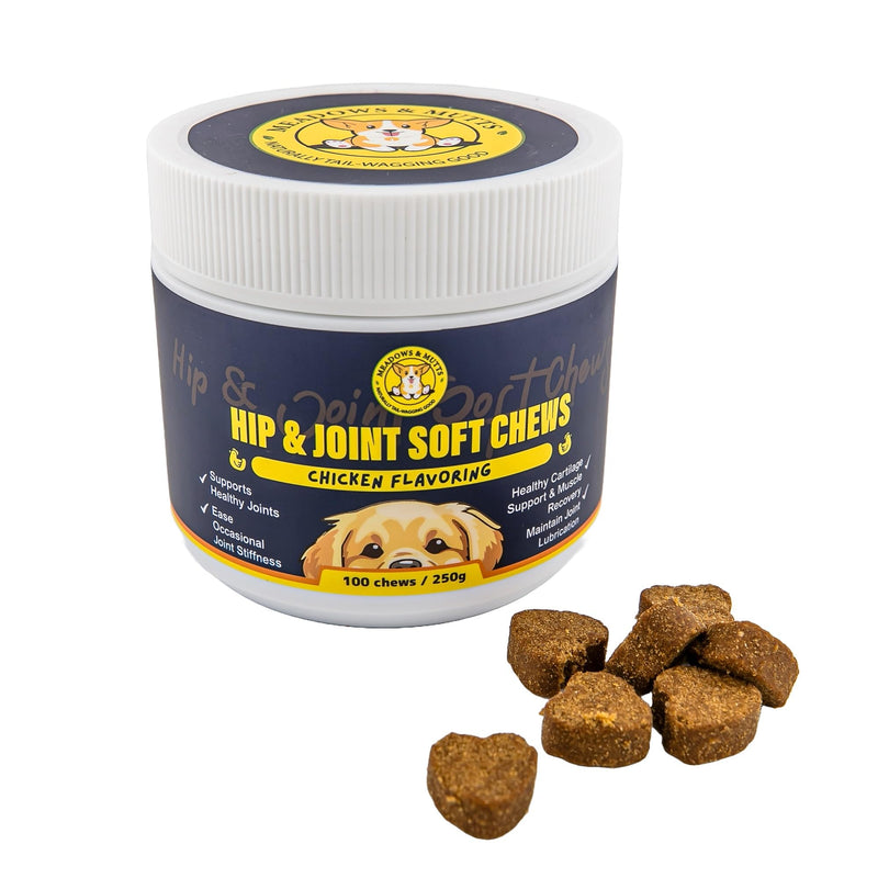 Meadows & Mutts Hip and Joint Supplement for Dogs - Glucosamine Chews for Dogs with Chondroitin, MSM & Green Lipped Mussel - Joint Support & Mobility, Chicken Flavor Soft Chews - 100 Ct